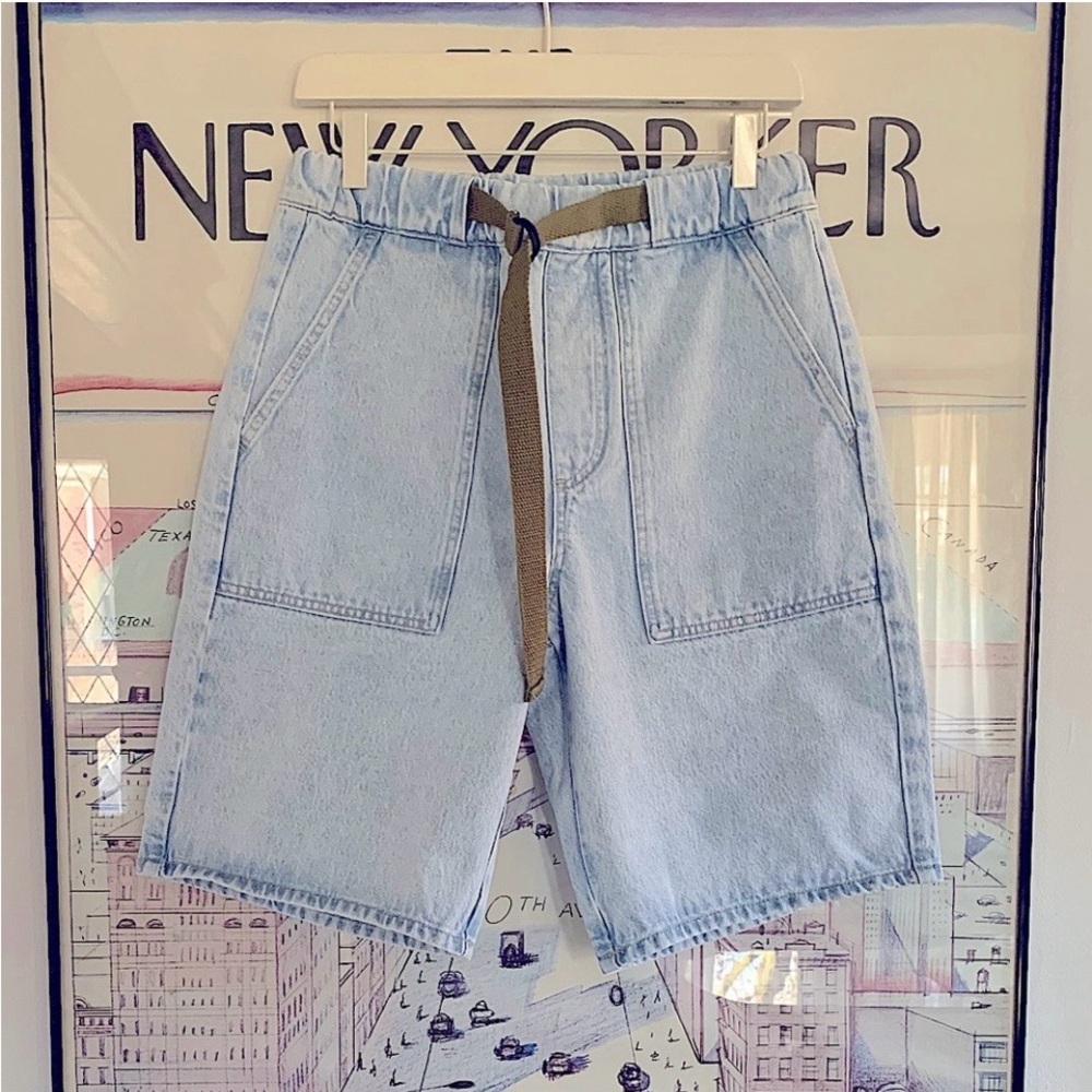ZARA Light Denim NWT Utility Shorts Olive Belt Elastic Waist Size Small